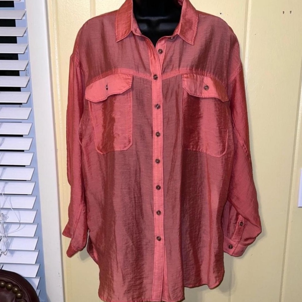 By Anthropologie Sheer Button Down Shirt Coral Pink Long Sleeve Oversized Size S - Picture 4 of 8